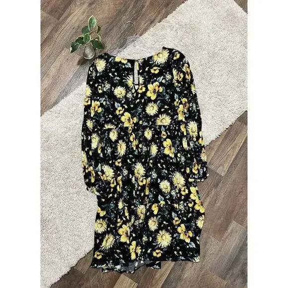 Torrid Size 0X Black Yellow Floral Drawstring Shirred Skater Challis Mini Dress - Picture 7 of 7